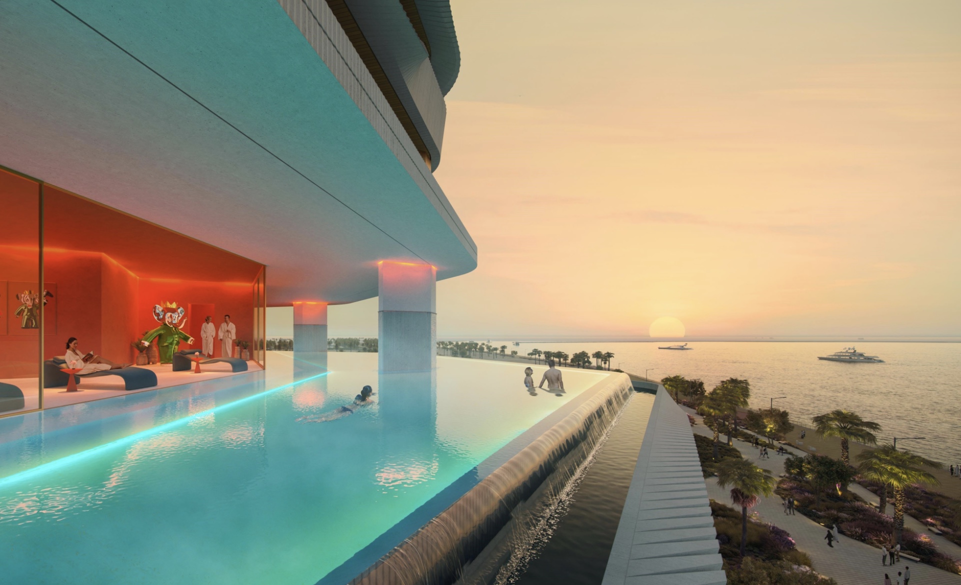 Piscina infinity ao pôr do sol