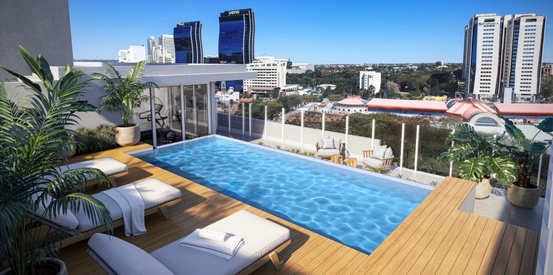Terraço com piscina e vista da cidade